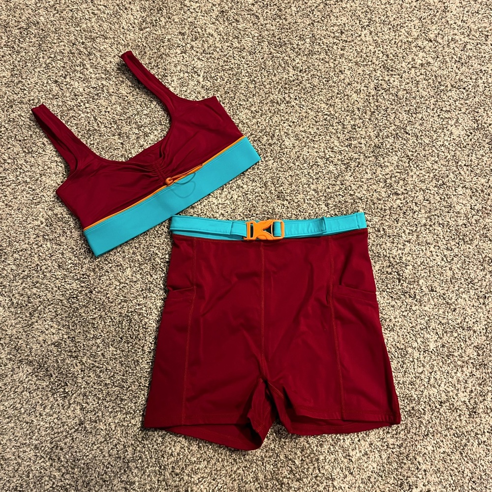 Fabletics Burgundy Athletic set with Teal Waistband and Yellow Accent